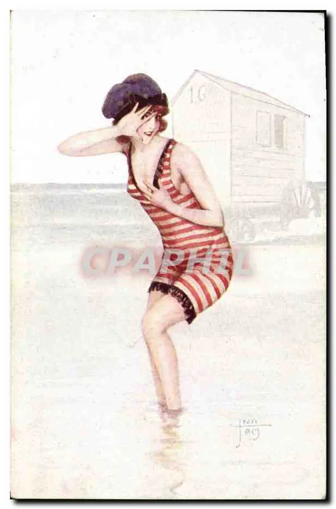 Schwimmerin im gestreiften Badeanzug — Strand — von J. Jam, Serie 75, Nr. 4 - Vorderseite
