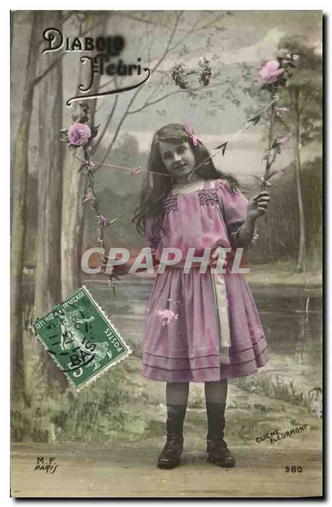 Menina em vestido rosa — decoração floral — Diabolo Fleuri, cliché Fleurmont n°980 - Frente