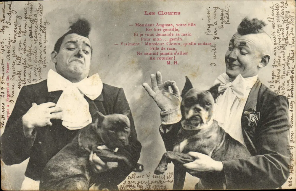 Die Clowns — Komödien-Szene mit zwei Männern und zwei Hunden — Éditeur G. Béperet et Cie, Nancy - Vorderseite