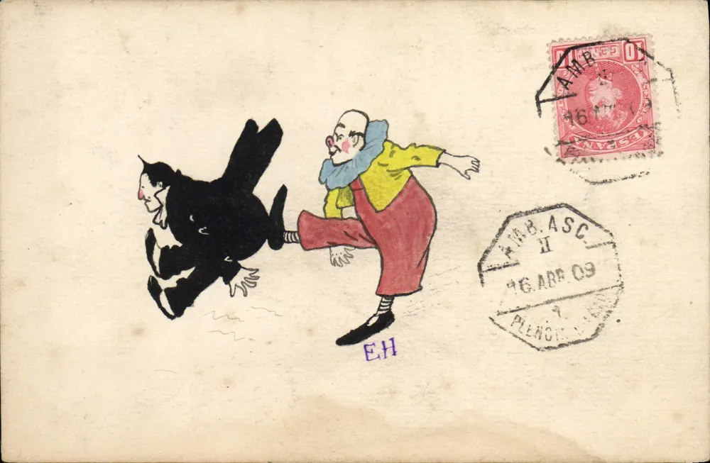 Komiczny żongler i czarny kot — rysunek humorystyczny — Union Postal Universal, Hiszpania - Awers