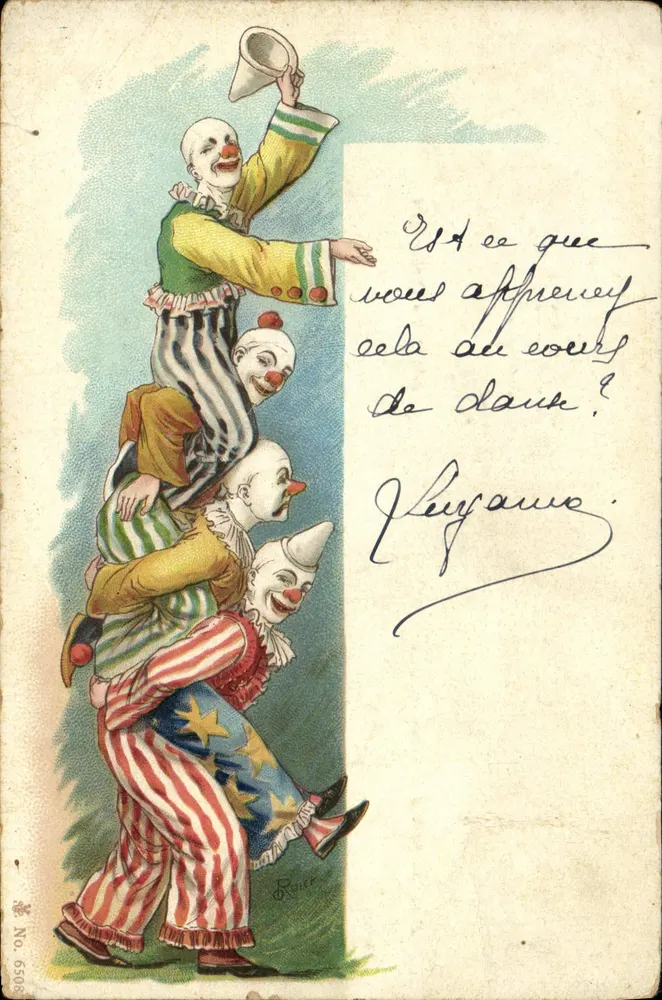 Clowns en pyramide — scène de cirque — éditeur Reiver, n° 6508 - Frente