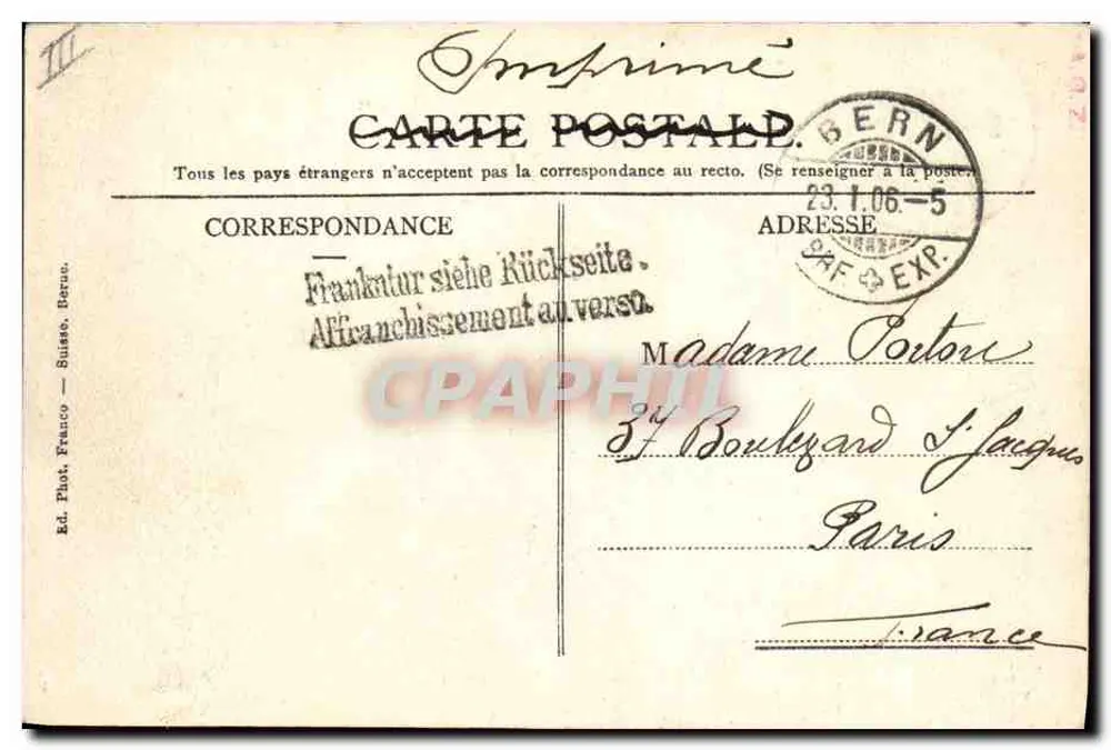 Bern — A fonte do tocador de corneta — Ed. Fot. Franco, Bern, n° 1045 - Verso