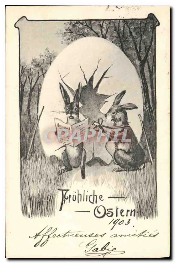 Dois coelhos em um quadro oval — obra de 1903 — editor não visível - Frente