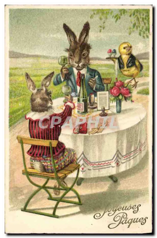 Dois coelhos e um pintinho à mesa — Felizes Páscoas — editor anônimo, n° 6175 - Frente