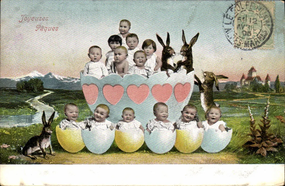 Kinder und Hasen in Eiern — Frohe Ostern — unbekannter Verlag, Serie 336 - Vorderseite