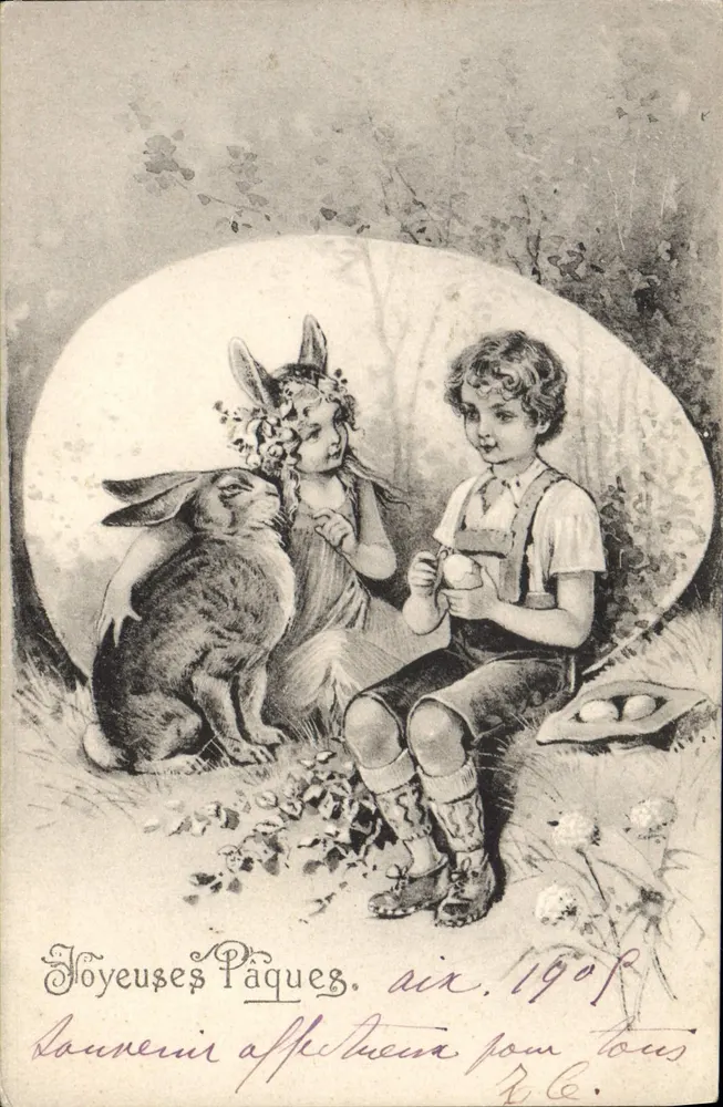 Crianças e coelhinho de Páscoa — Páscoa 1909 — P. F., B. Série 8105 - Frente