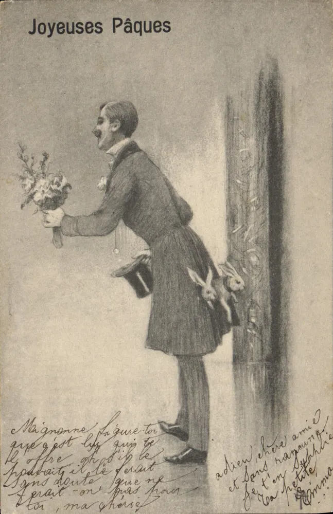 Homem oferecendo flores e coelhos — Joyeuses Pâques — editor não visível - Frente