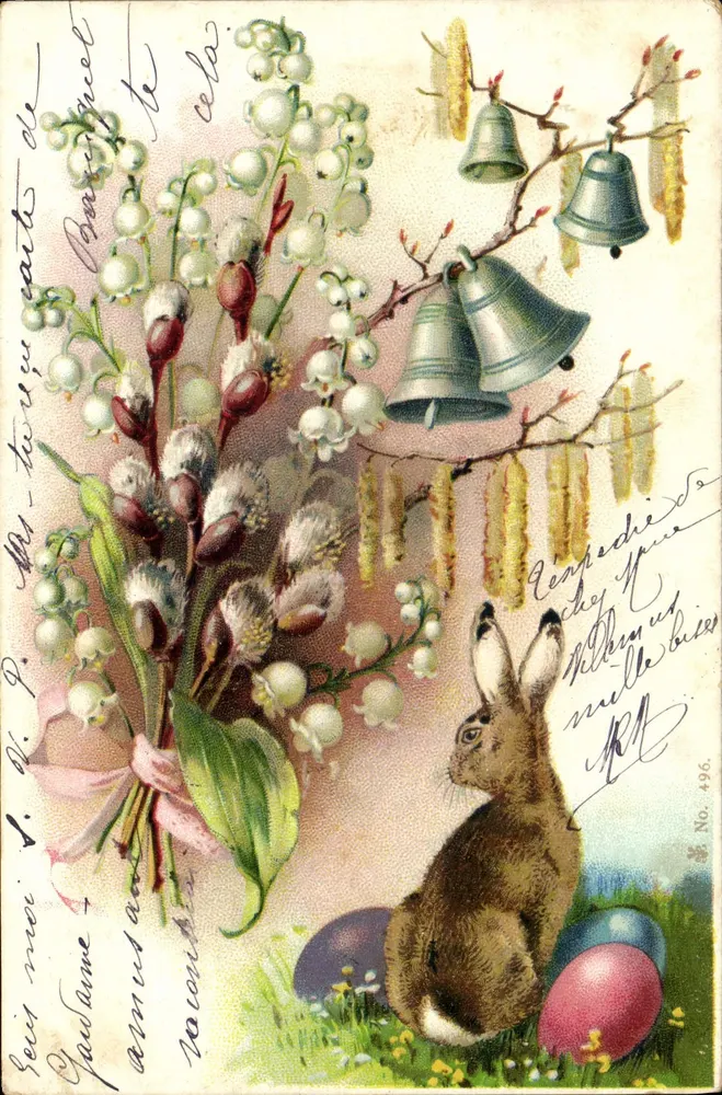 Coelho da Páscoa — decoração de primavera com sinos e ovos — editor não identificado, n° 496 - Frente