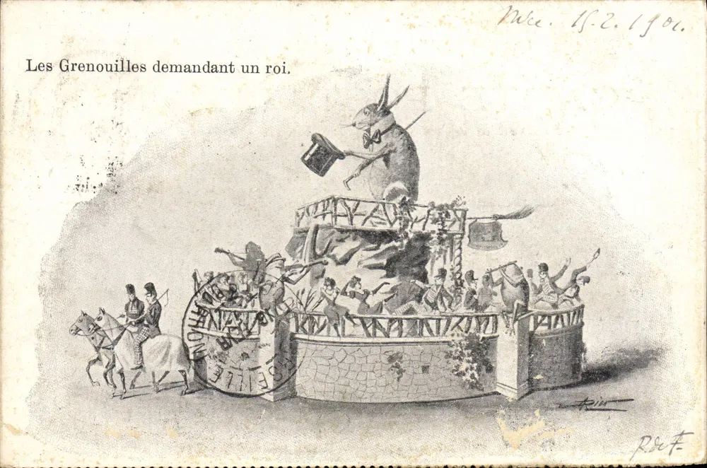 Les Grenouilles demandant un roi — scène de carnaval avec lapin couronné — éditeur R. de F. (signé en bas à droite) - Awers
