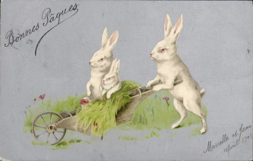 Coelhos de Páscoa — 3 coelhos em um carrinho — Marcelle e Jean, 1903 - Frente
