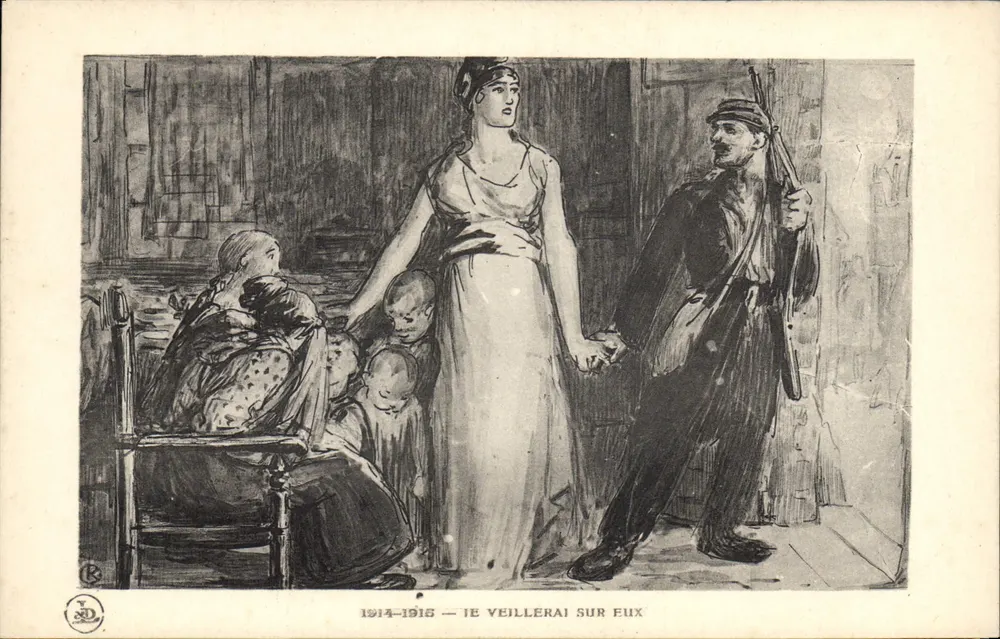 Mulher e soldado com crianças — 1914-1915 — Eu cuidarei deles — Imp. D.A. Loeguet, Faubs St-Martin - Frente