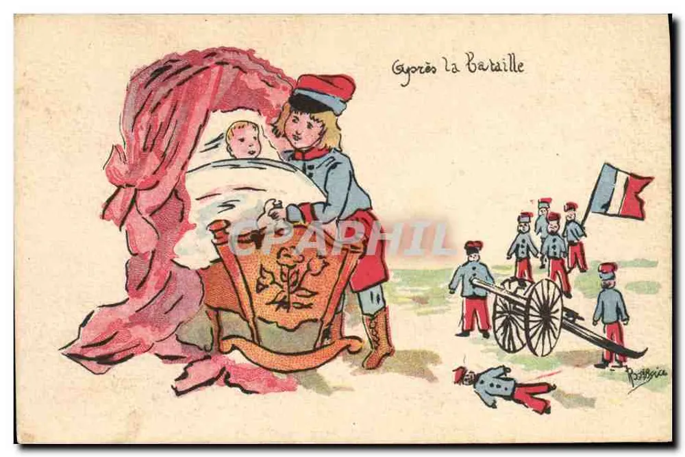 Gyores a Batalha — Carta postal ilustrada — Orfanato das Forças Armadas - Frente
