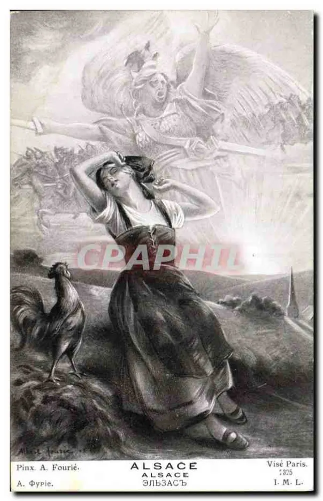 Elsass — Frau in traditioneller Kleidung und bewaffneter Engel — Gravur von A. Fourié, veröffentlicht von Visé Paris, n° 325 - Vorderseite