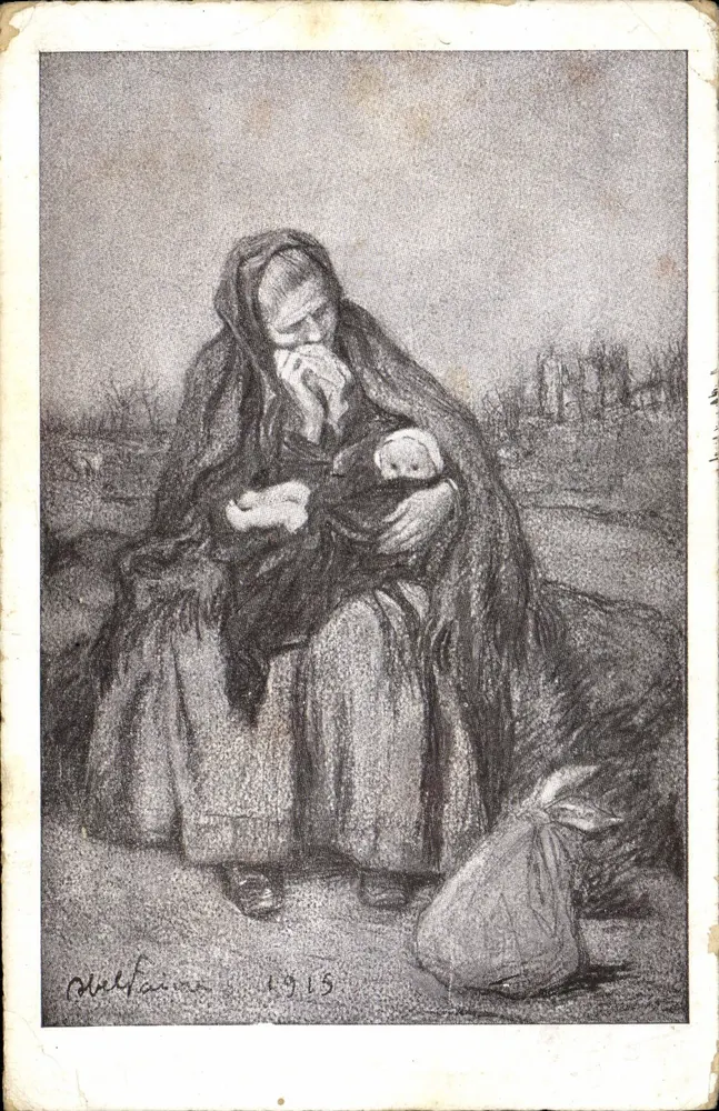Mãe com seu filho — cena de guerra — desenho de M. Melfaine, 1915 - Frente