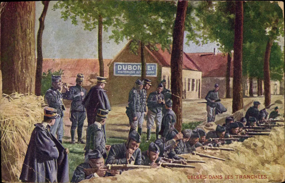 Belges dans les tranchées — scène de tir en position de combat — éditeur DUBONNET ET VINTONIQUE AUTOUQUINA - Frente