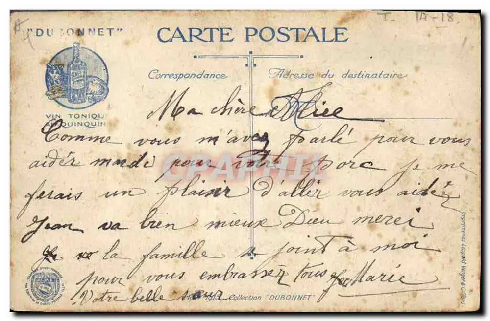 Belges dans les tranchées — scène de tir en position de combat — éditeur DUBONNET ET VINTONIQUE AUTOUQUINA - Verso