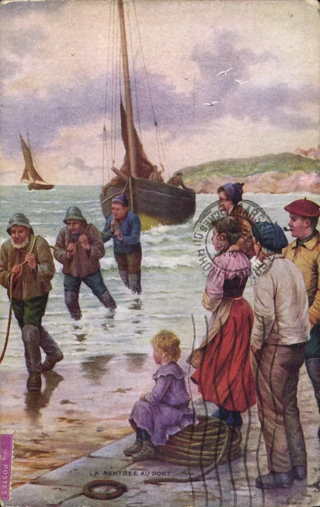 Die Rückkehr am Hafen — Szene mit Fischern und Dorfbewohnern — Verlag Postes, Nr. XV - Vorderseite
