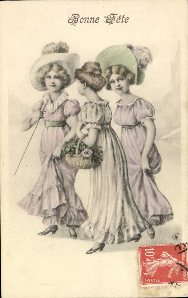 Drei junge Mädchen in Kleidern des Stils 1900 — Frohe Geburtstagsfeier — Verlag: B K W I 526-1 - Vorderseite