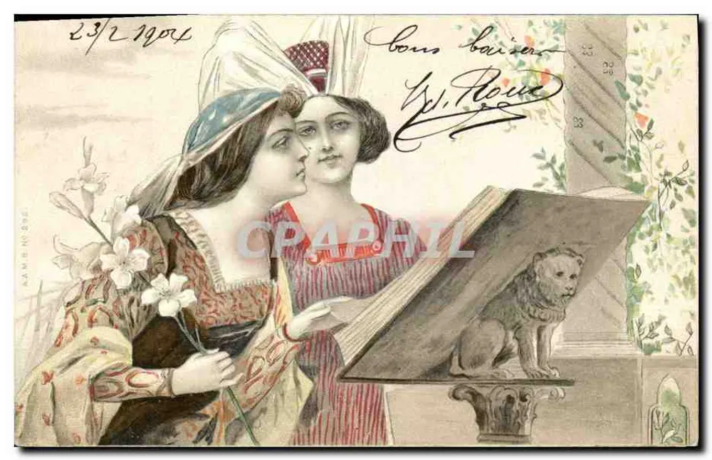 Zwei Frauen in historischem Kleid — Szene mit geschnitztem Löwen — Verlag Adam & Ny 593 - Vorderseite
