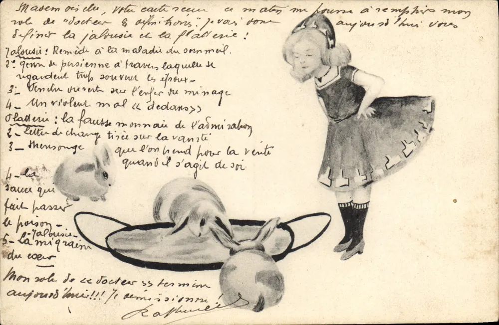 Alice e os coelhos — desenho e poema — editor desconhecido - Frente
