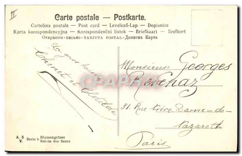 Frau mit Blumenstrauß — Serie V — A. S. Blumengrüsse - Rückseite