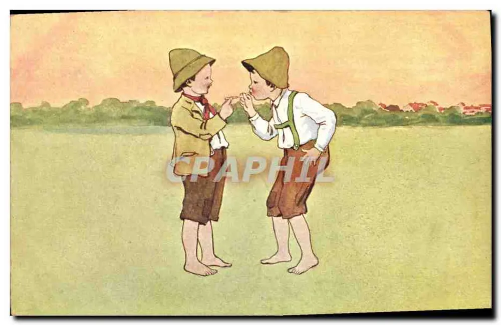 Dois meninos brincando de beijo — ilustração — editor não identificado - Frente