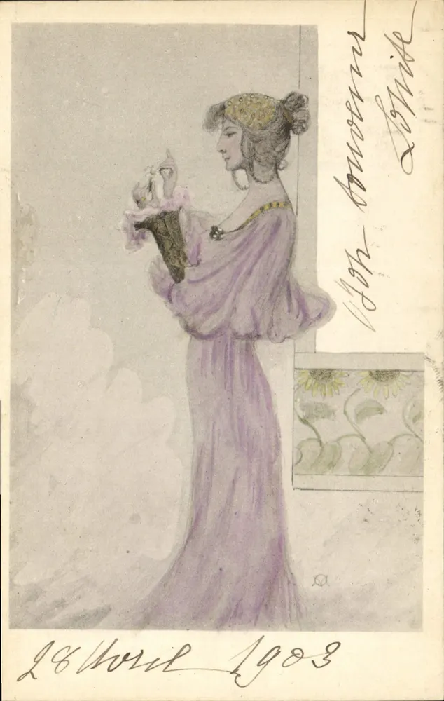 Frau in violettem Kleid — 18. April 1903 — kein Verlag oder Nummer sichtbar - Vorderseite