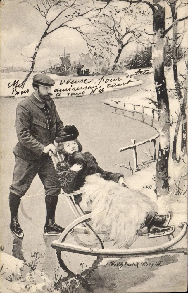 Mann und Frau auf Schlittschuhen — Winterlandschaft — Verlag P. G. Scotik, Wey. III - Vorderseite