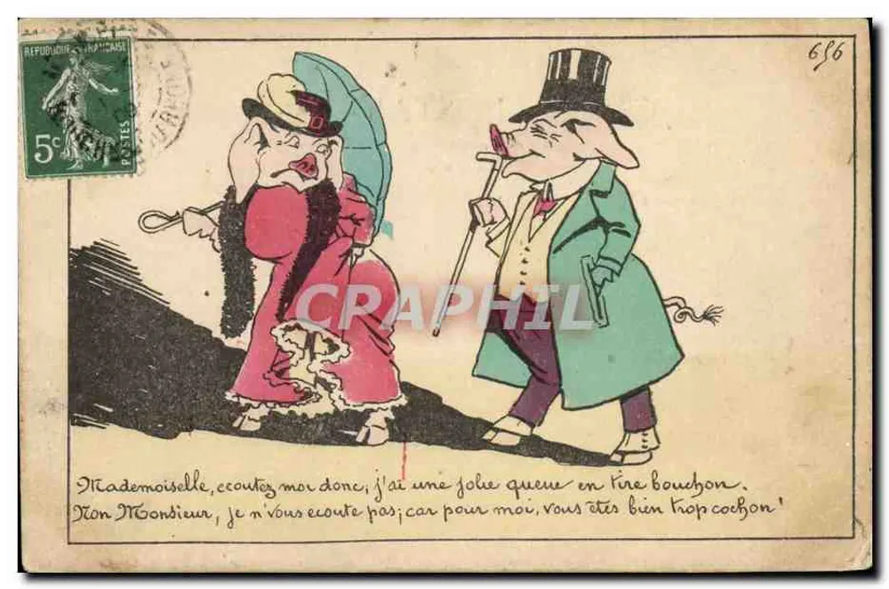 Zwei karikaturierte Schweine — humorvolle Szene — unbekannter Verlag, n° 696 - Vorderseite