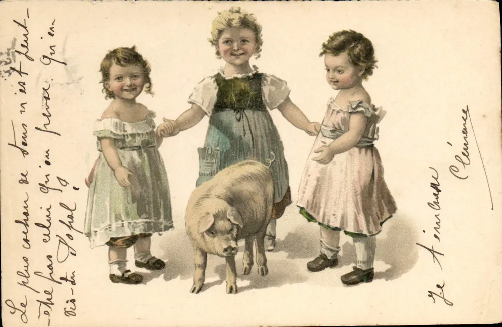 Drei Kinder mit einem Schwein — Verlag Universal Postal Union, n° 5391 - Vorderseite