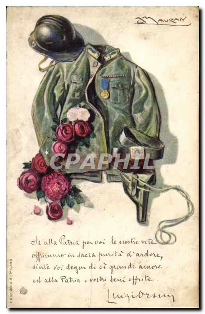 Militäruniform und Blumen — Opfer für das Vaterland — Zeichnung von M. Maузan - Vorderseite