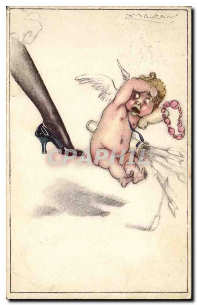 Cupidon, erschreckt von einer Stiefelsohle — Zeichnung von Mauzan — Verlag Bolky - Vorderseite