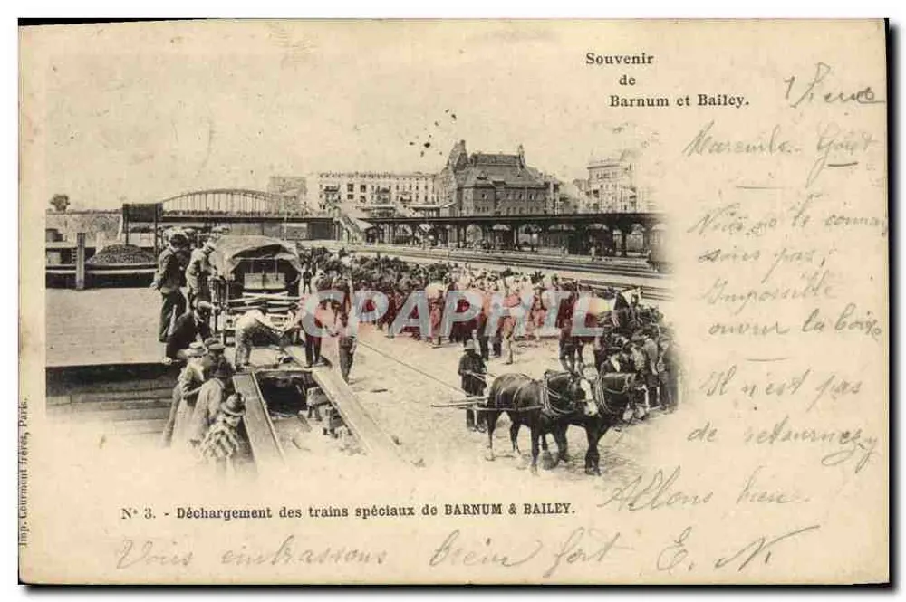 Entladen der Spezialzüge von Barnum & Bailey — Erinnerung an Barnum und Bailey — Jimp. Courmont Frères, Paris, Nr. 3 - Vorderseite