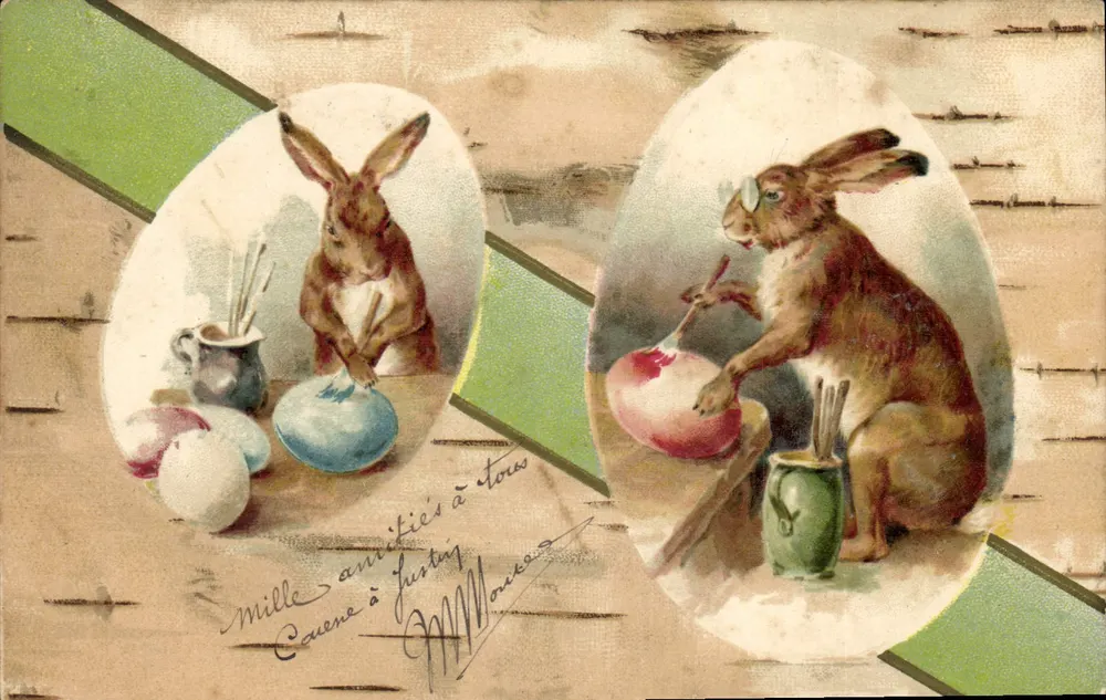 Coelhos pintando ovos — Carta postal de Páscoa — M. Montbarzic - Frente