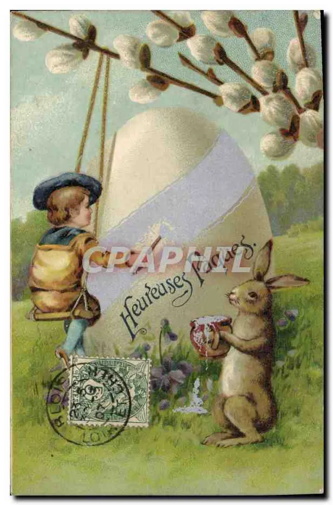Enfants et lapin de Pâques — scène de printemps avec œuf géant — K. F. Editeurs, Paris, Série 947 - Frente