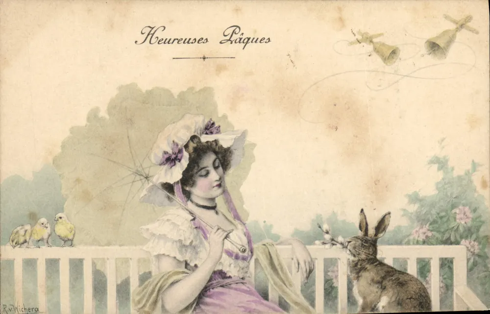 Mulher em vestido roxo e chapéu — com coelho, pintinhos e sinos — R.V. Wichera - Frente