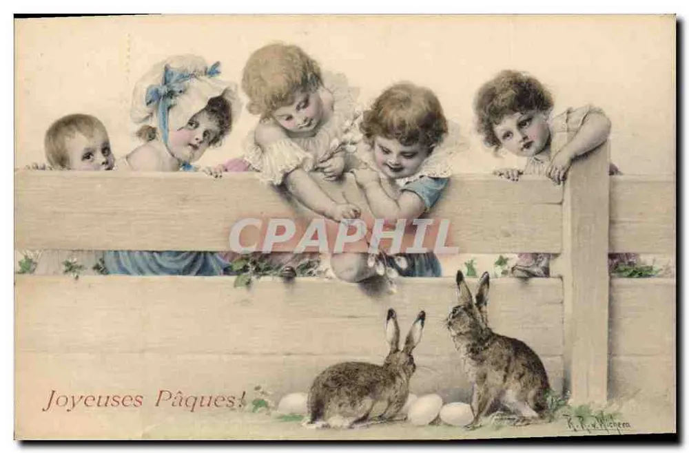 Crianças e coelhos — Páscoa — Editor R. P. W. W. Michener - Frente