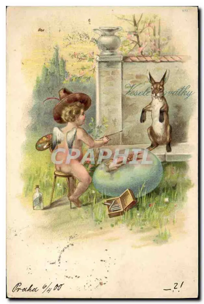 Cupido peignant un lapin — scène de jardin avec vase et palette — éditeur Koselečováthy, n° 970 - Frente