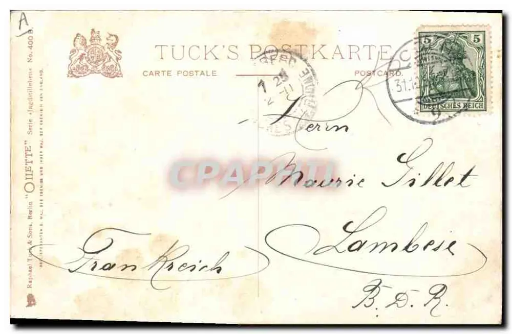 Caça ao coelho e ao faisão — Tuck's Postkarte, série 'Oliette' n°400 — editor Tuck & Sons, Berlim - Verso