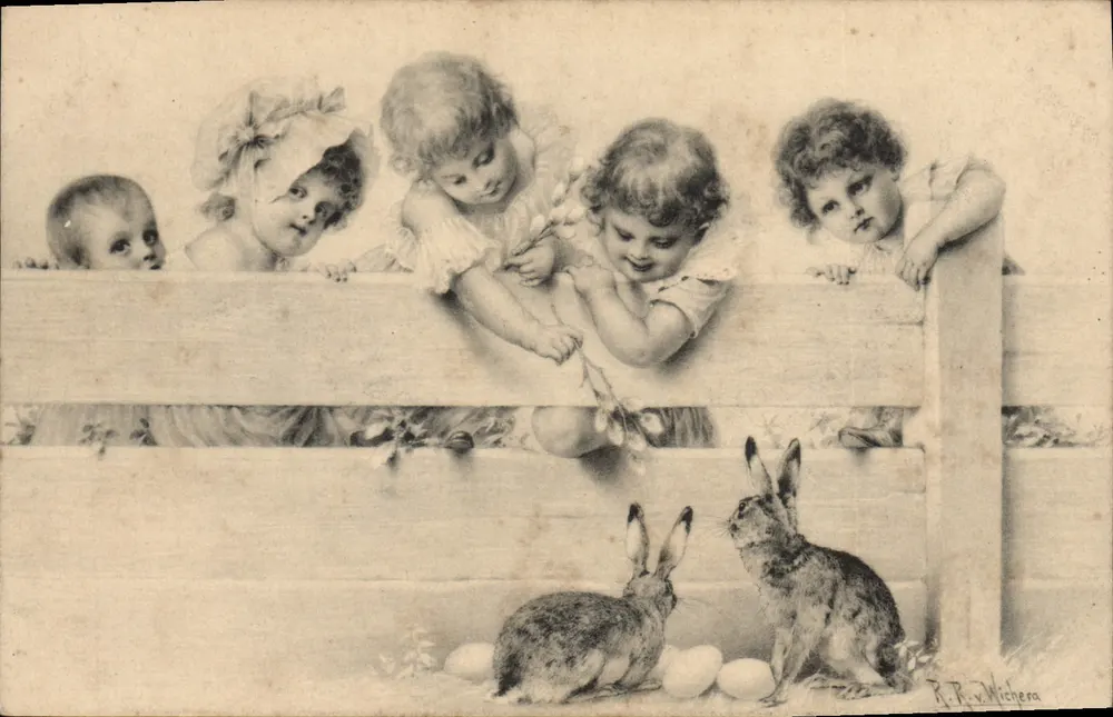 Crianças olhando para coelhos e ovos — gravura de R. R. Wichera - Frente