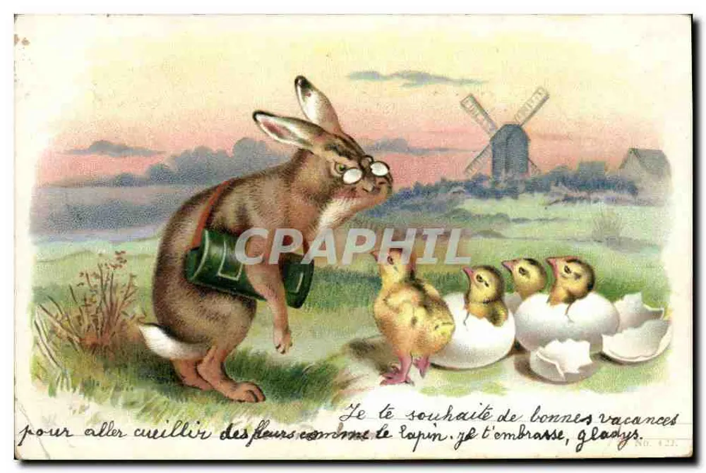 Lapin et poussins — scène champêtre avec moulin à vent — éditeur N° 122 - Frente