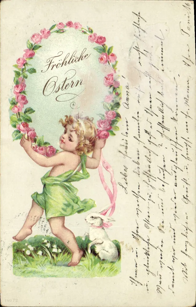 Criança e coelho — Parabéns de Páscoa — Carta de correspondência editada por ? - Frente