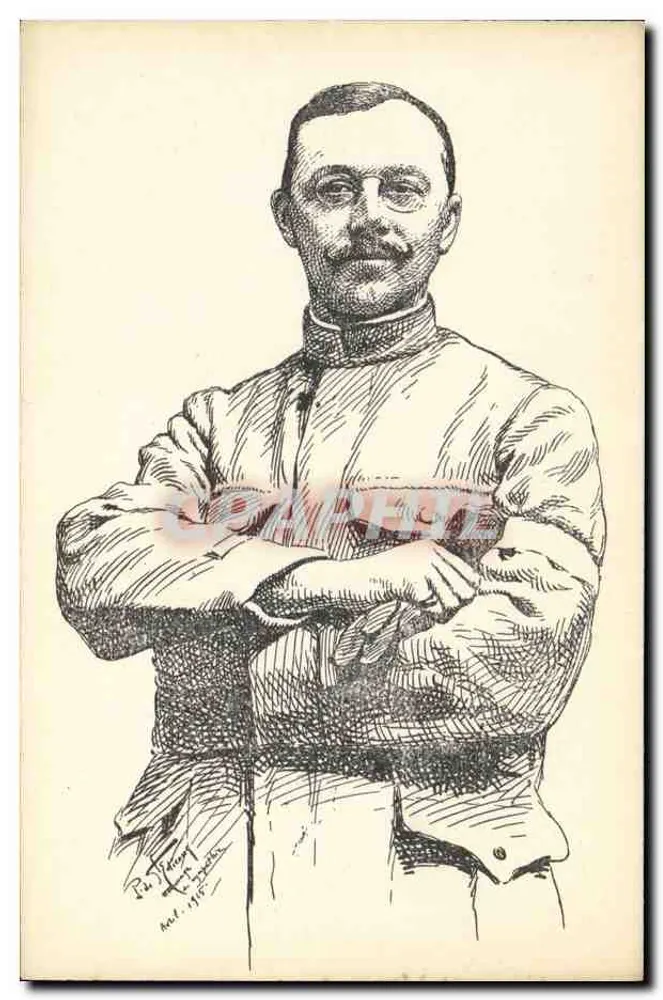 Retrato de um homem em uniforme — desenho assinado 'R. Tézier' — datado 'Maio 1917' — editor não visível - Frente