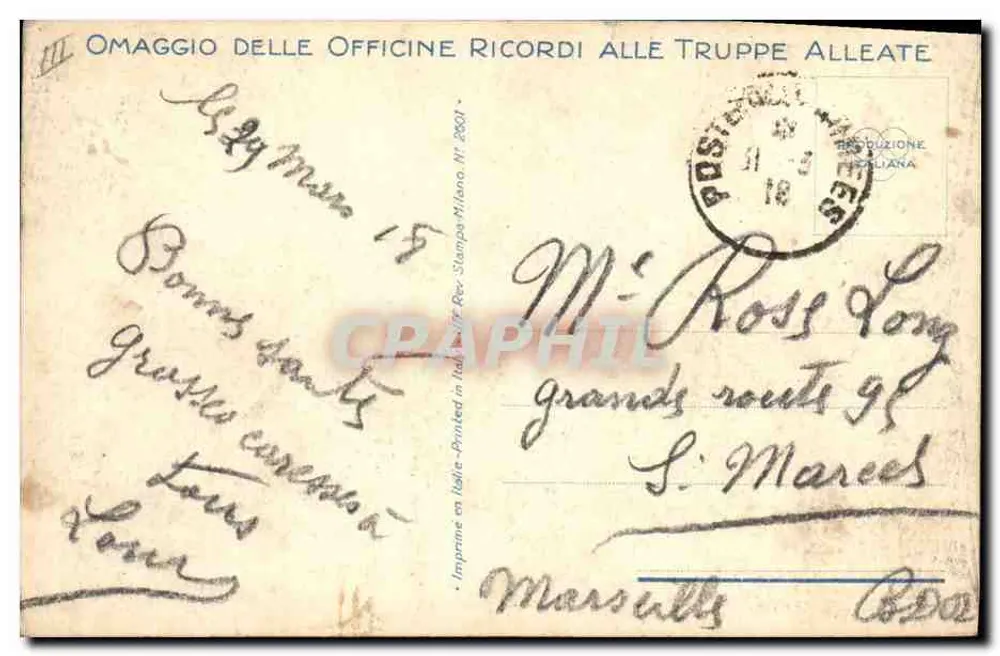 Mailand begrüßt die französischen Truppen — Verlag Officine Ricordi, Serie III - Rückseite