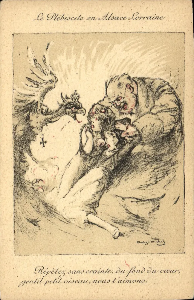 O plebiscito na Alsácia-Lorena — caricatura de Chaize-Michels — Devambez, Paris, N° 126 - Frente