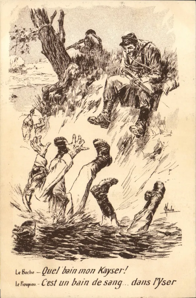 Cena de guerra — soldados alemães e franceses — desenho de Klale - Frente