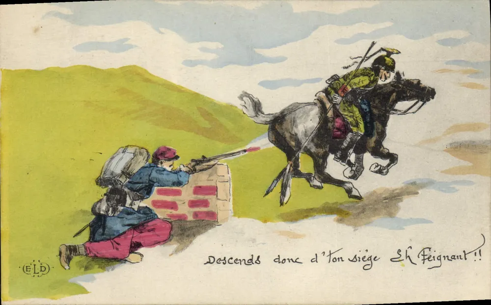 Soldato in posizione di tiro — cavaliere in fuga — testo umoristico — editore ELD - Recto