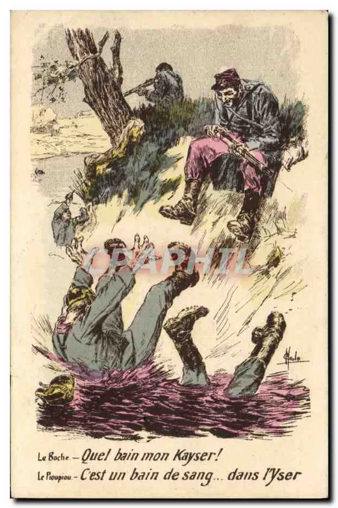 Kriegsszene — Karikatur deutscher Soldaten — Hélo (signiert) — nicht identifizierbare Serie - Vorderseite