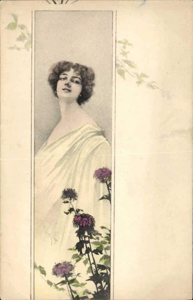 Junge Frau in weißem Kleid — violette Blumen — A.S. Serie Souvenir d'Amour 3 - Vorderseite