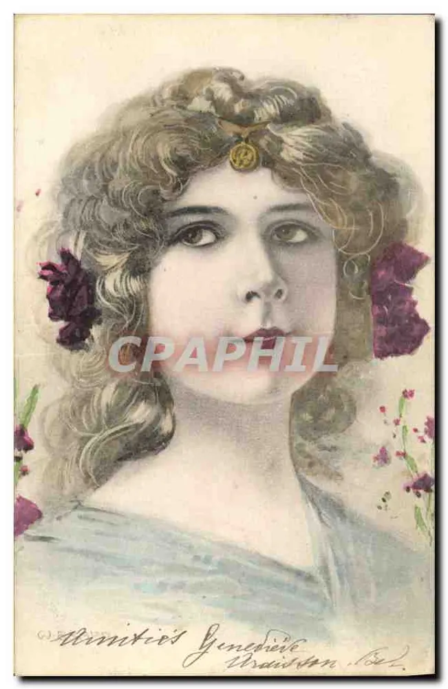 Junge Frau mit lockigem Haar — violette Blumen — A. S. Serie Jugendreiz - Vorderseite